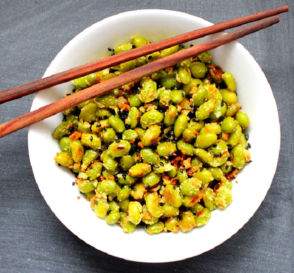 Garlic Parmesan Edamame with Toasted Black Sesame Seeds sprinkles and