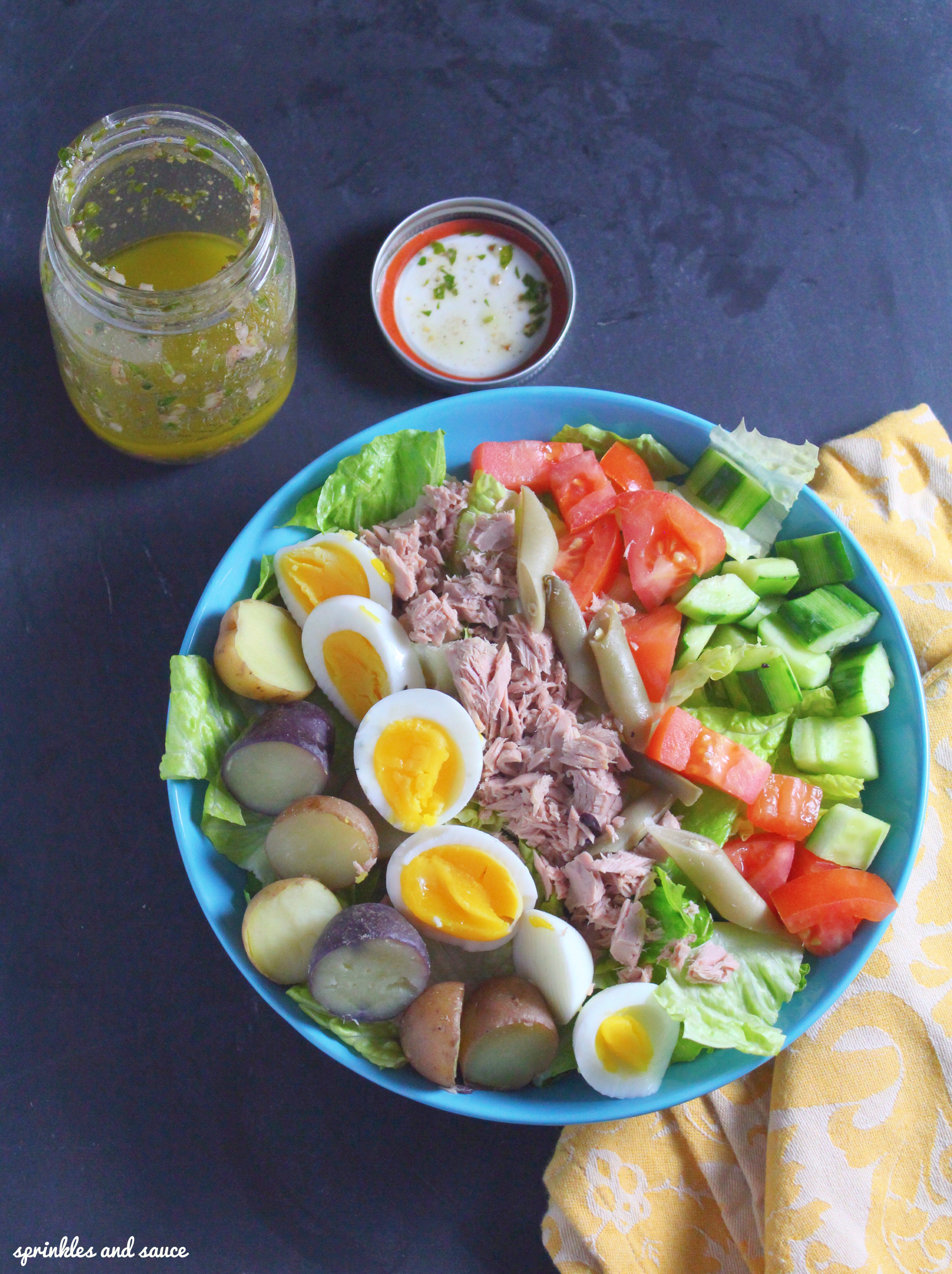 tuna-and-egg-salad-with-french-vinaigrette-dressing-sprinkles-and-sauce