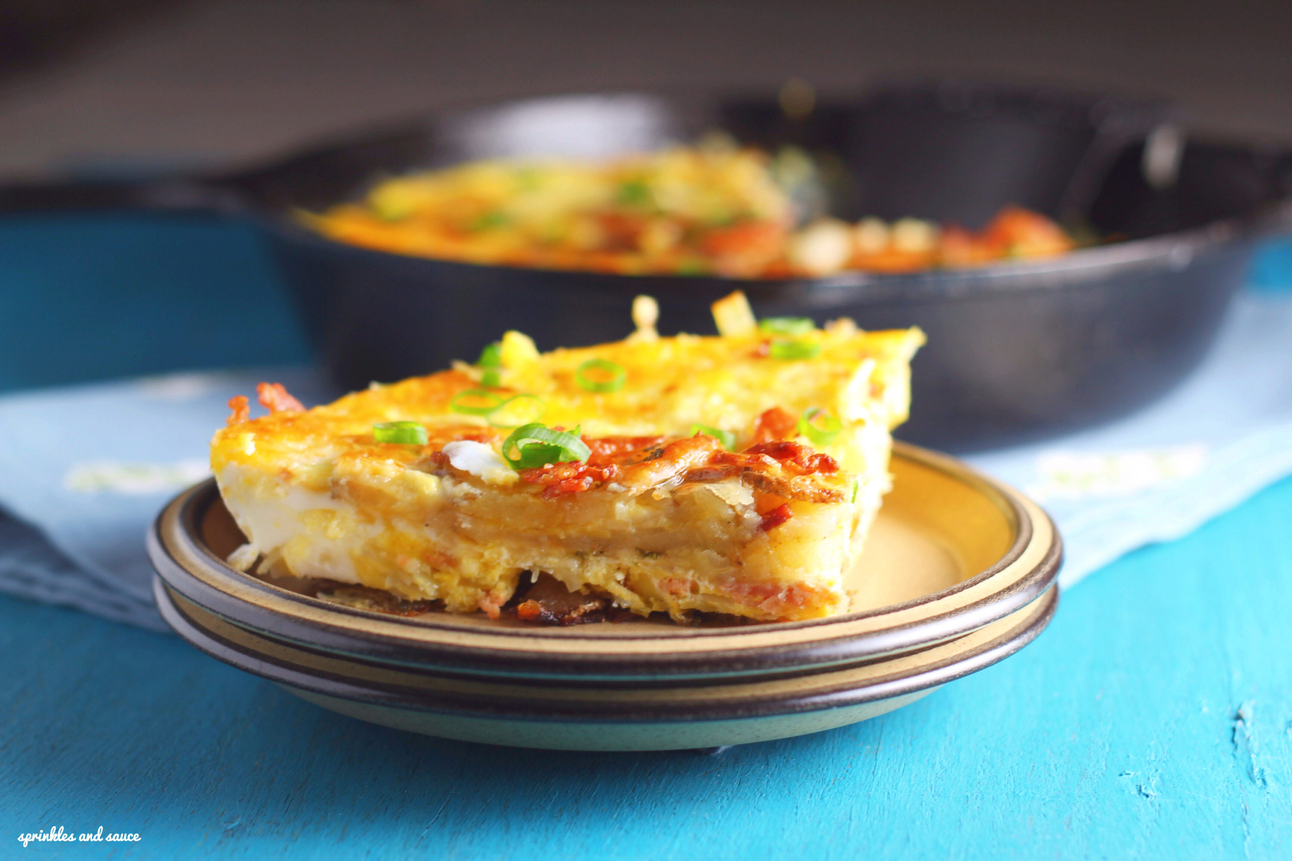 bacon leek and potato frittata in a cast iron lodge pan