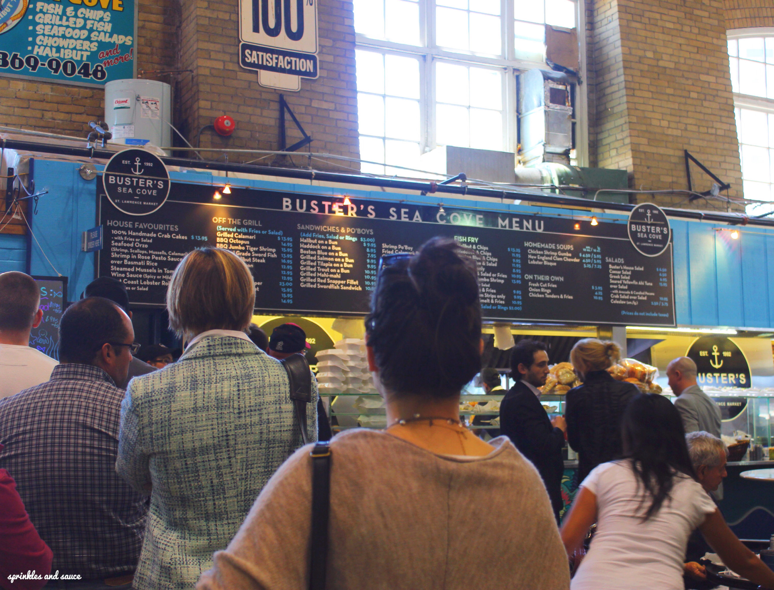 line up for busters sea cove inside st. lawrence market in toronto canada