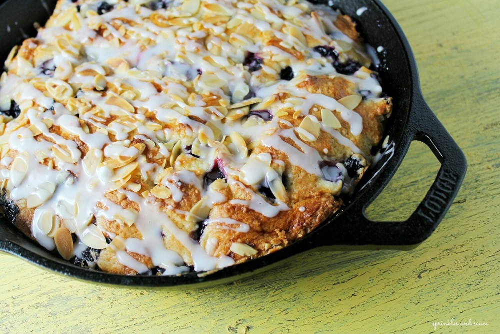 buttermilk blueberry breakfast cake in a cast iron lodge pan