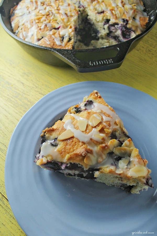 buttermilk blueberry breakfast cake in a cast iron lodge pan