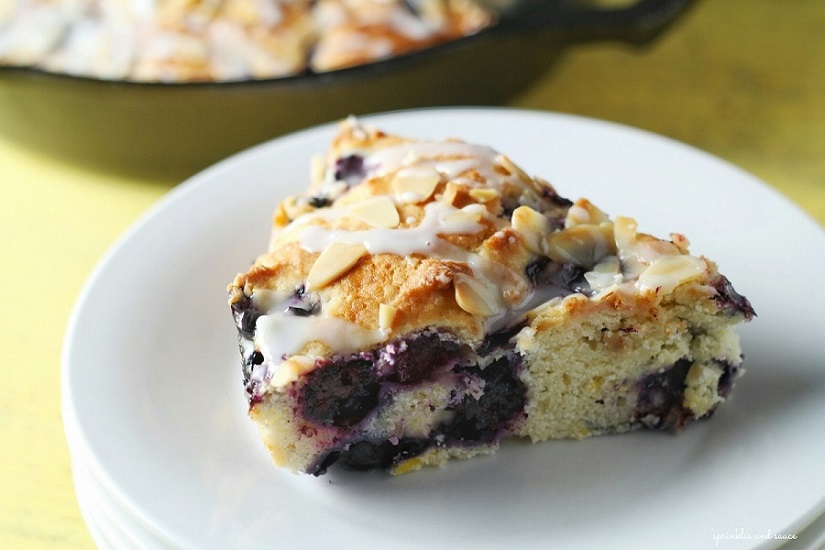 buttermilk blueberry breakfast cake in a cast iron lodge pan