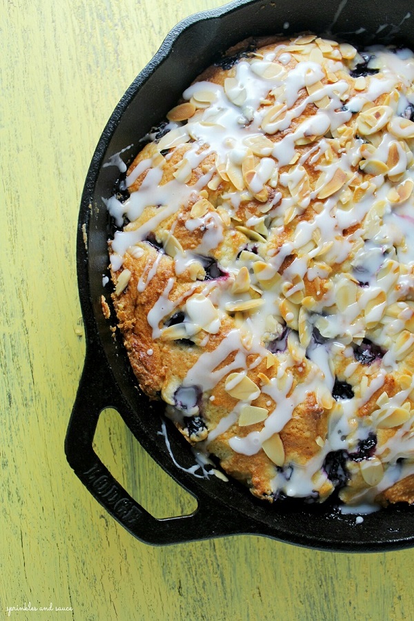 buttermilk blueberry breakfast cake in a cast iron lodge pan