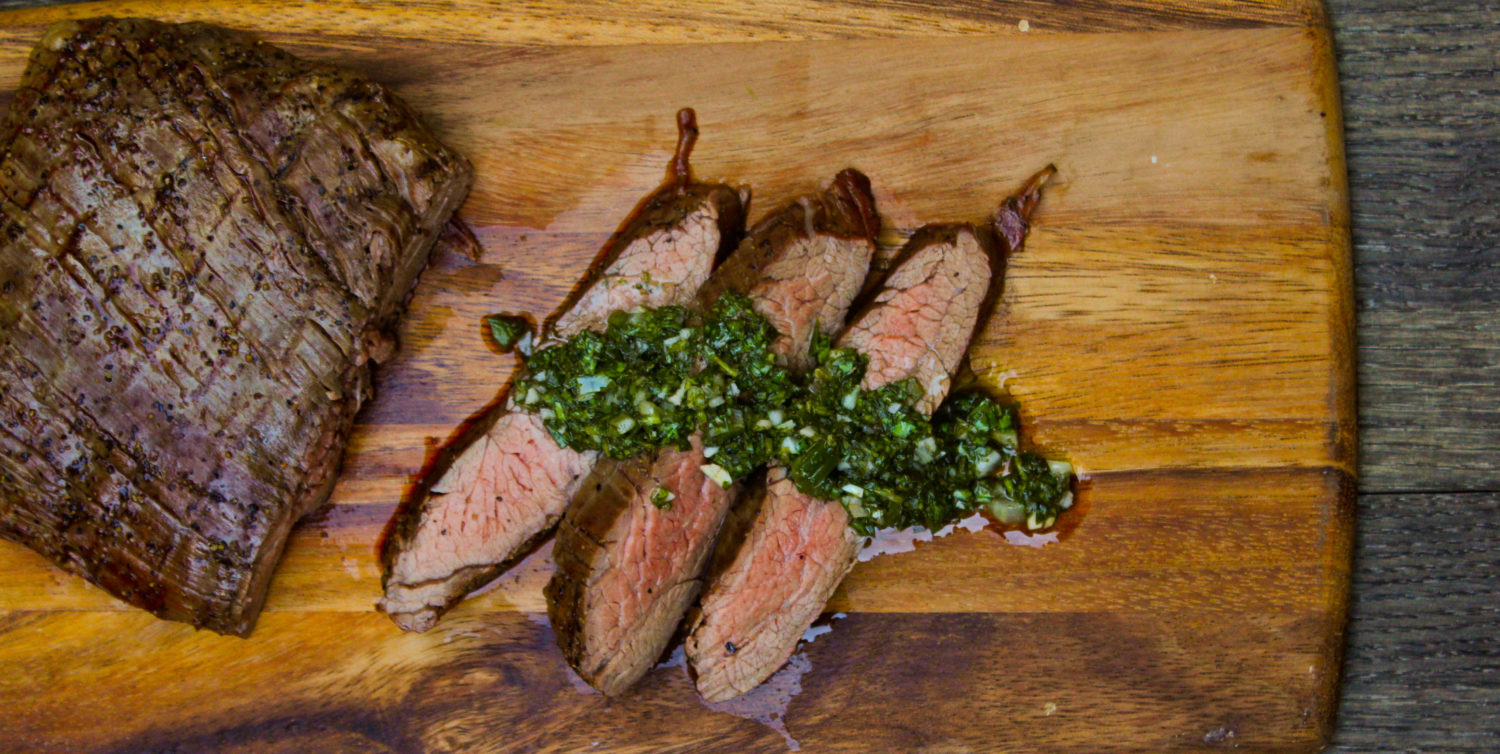 Grilled flank outlet steak with chimichurri