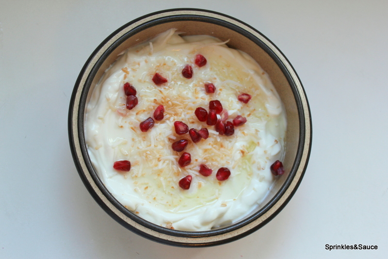 Greek Yogurt with Pomegranate, Toasted Coconut and Pandan Syrup