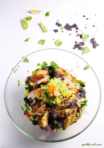 mexican chopped salad with grilled chicken and guacamole dip