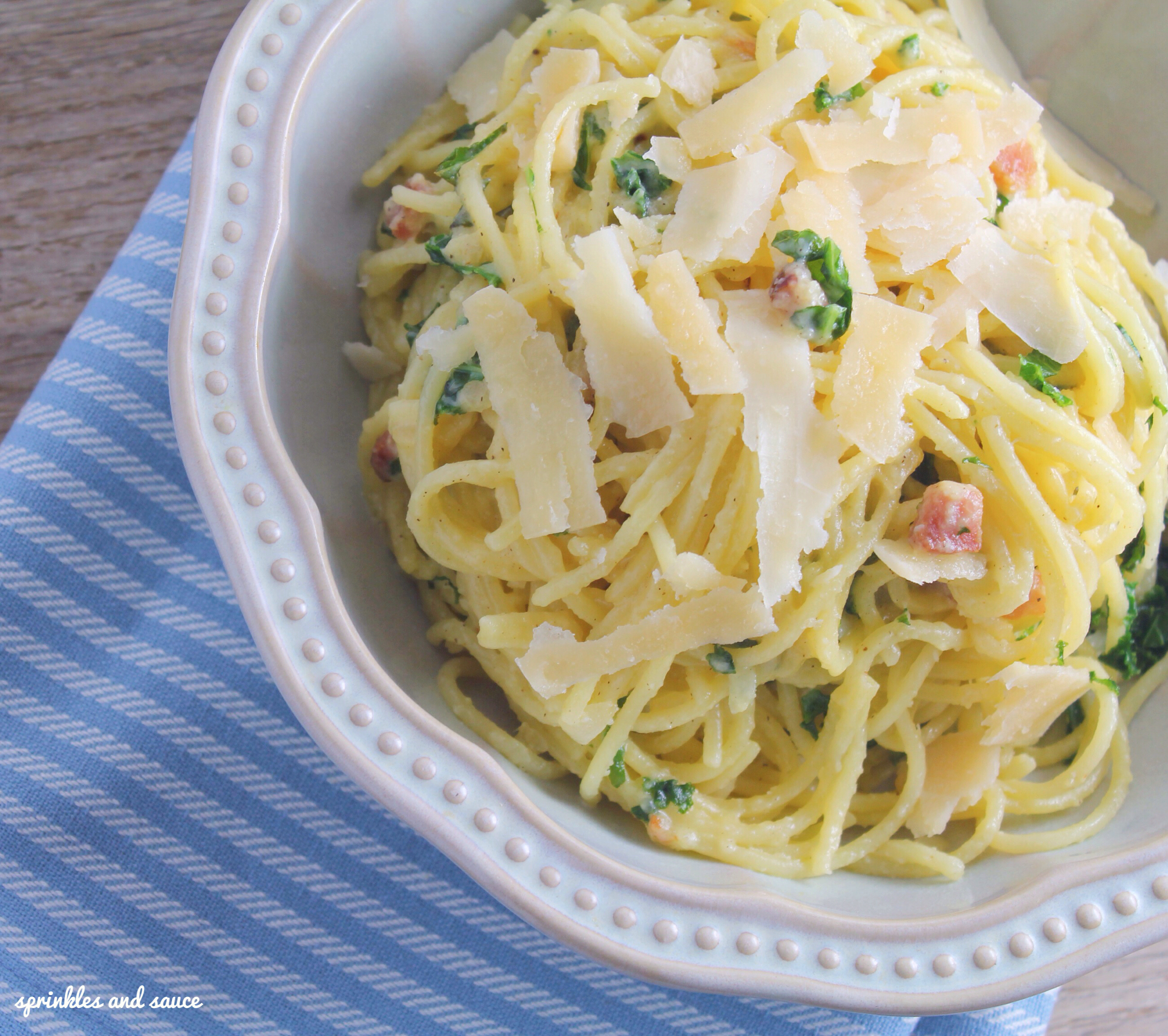 Pasta alla Carbonara with Bacon and Kale - sprinkles and sauce