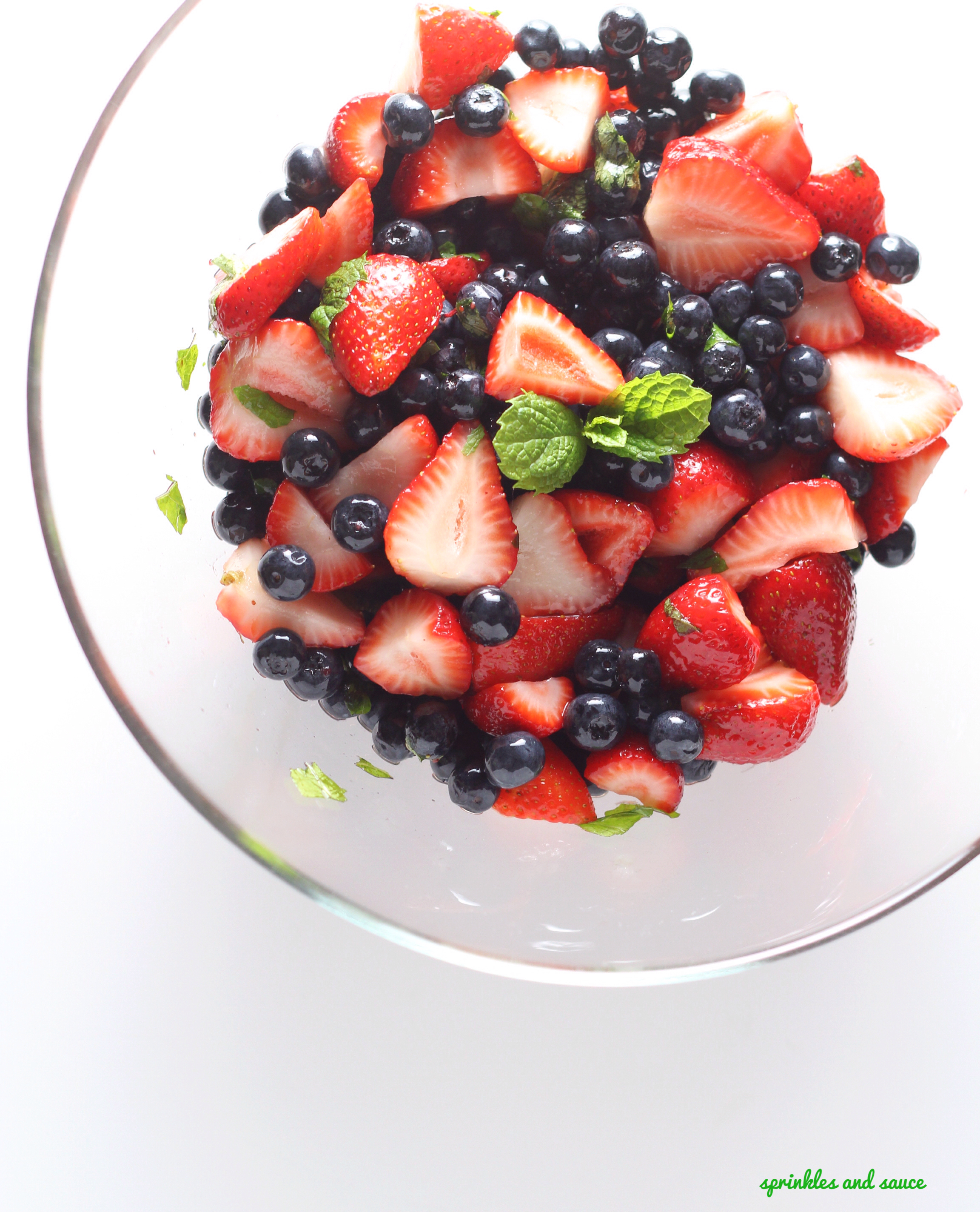 Strawberry and Blueberry Fruit Salad with Honey, Mint and Brandy Syrup