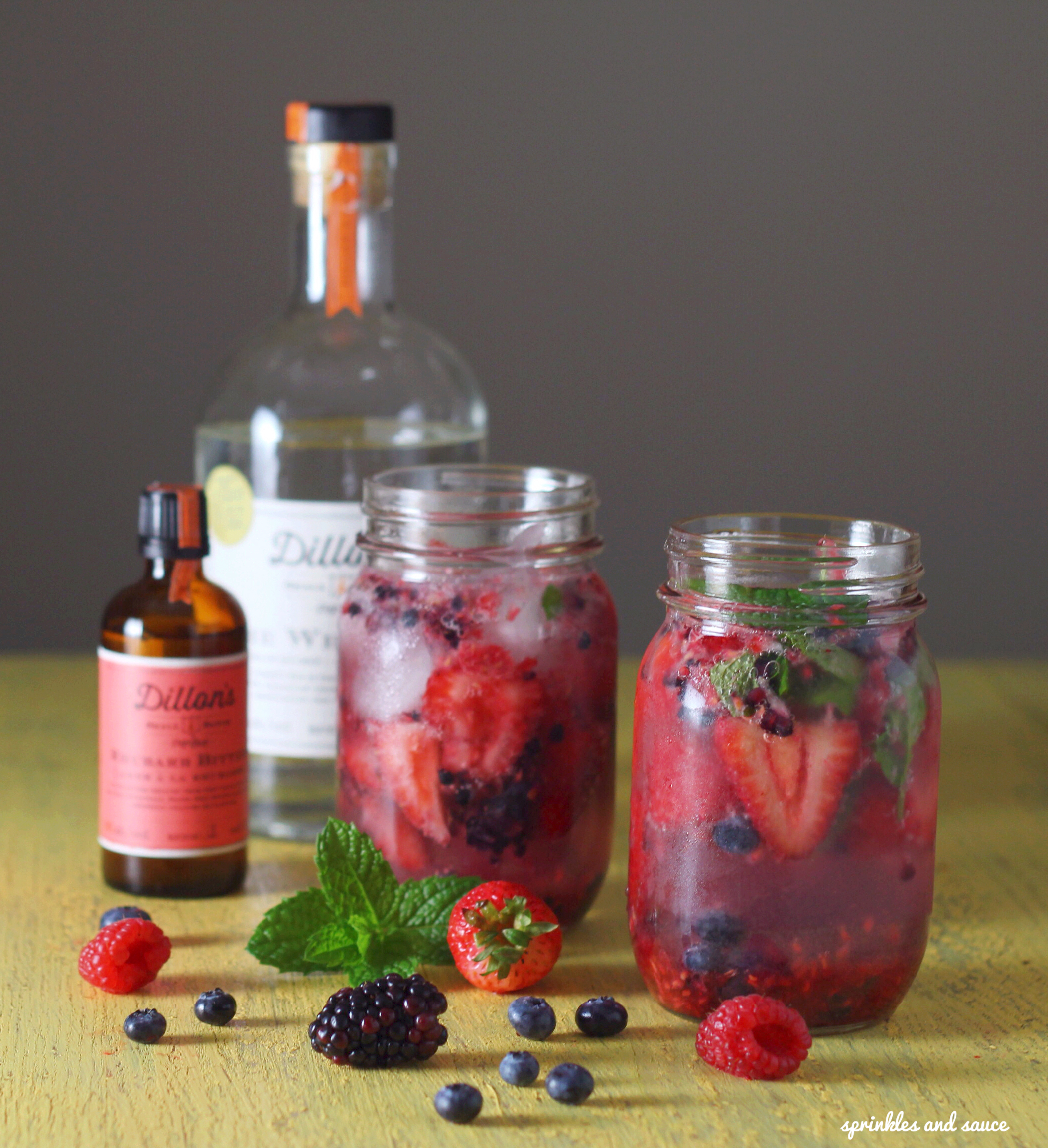Smashed Berries Spritzer with White Rye and Rhubarb Bitters