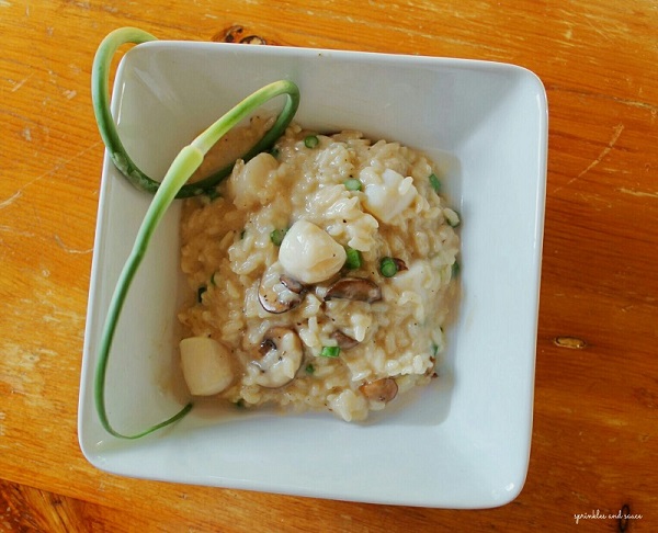 Risotto with Scallops, Mushrooms and Garlic Scapes